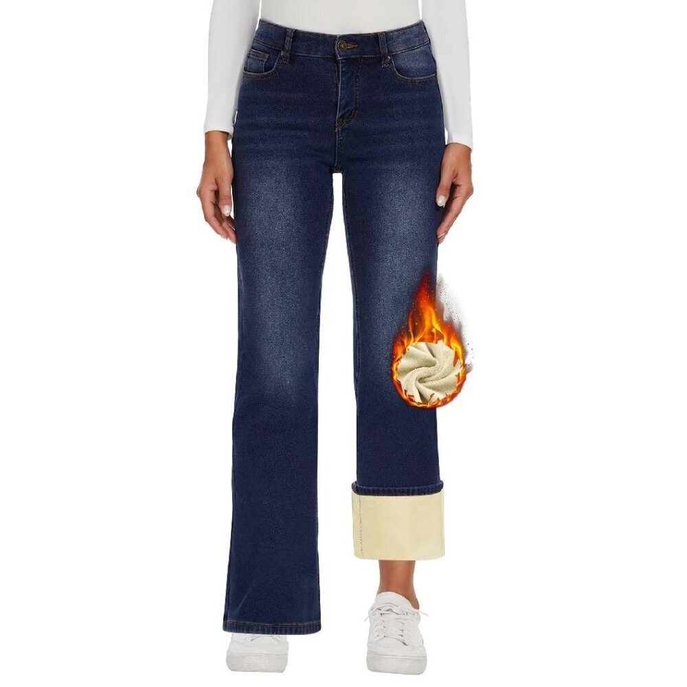 Fleece Lined Wide Leg Jeans High Waisted Winter Warm Stretchy Denim